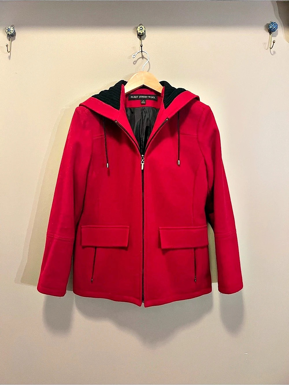 Fleet Street Wool Red Hooded Zip Coat 80% Wool Black Trim Medium